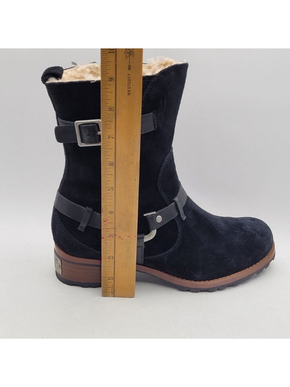 Ugg Australia Endell Womens 7.5 Black Suede Shearling Lined Moto Boots 9" NICE - Picture 14 of 16